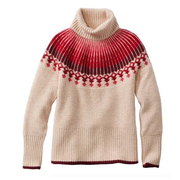 L.L. Bean Sweaters - L.L. Bean Fair Isle SuperSoft Waffle Sweater | Cream & Red Turtleneck M NWT New